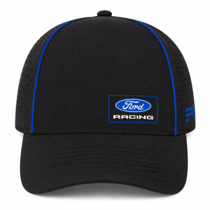 A black Ford Racing baseball cap with blue piping along the side panels and a blue and white embroidered Ford Racing logo patch on the front, set against a plain white background.