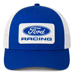 A blue and white Ford Racing trucker hat with a white front patch featuring the blue Ford logo and 'RACING' text, set against a plain white background.