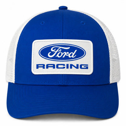 A blue and white Ford Racing trucker hat with a white front patch featuring the blue Ford logo and 'RACING' text, set against a plain white background.