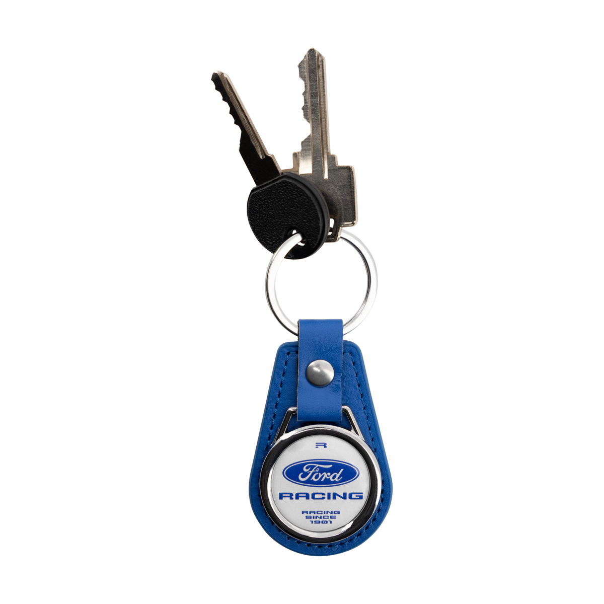 A blue leather keychain with a silver metal ring holding two keys, featuring a circular Ford Racing emblem on the front.