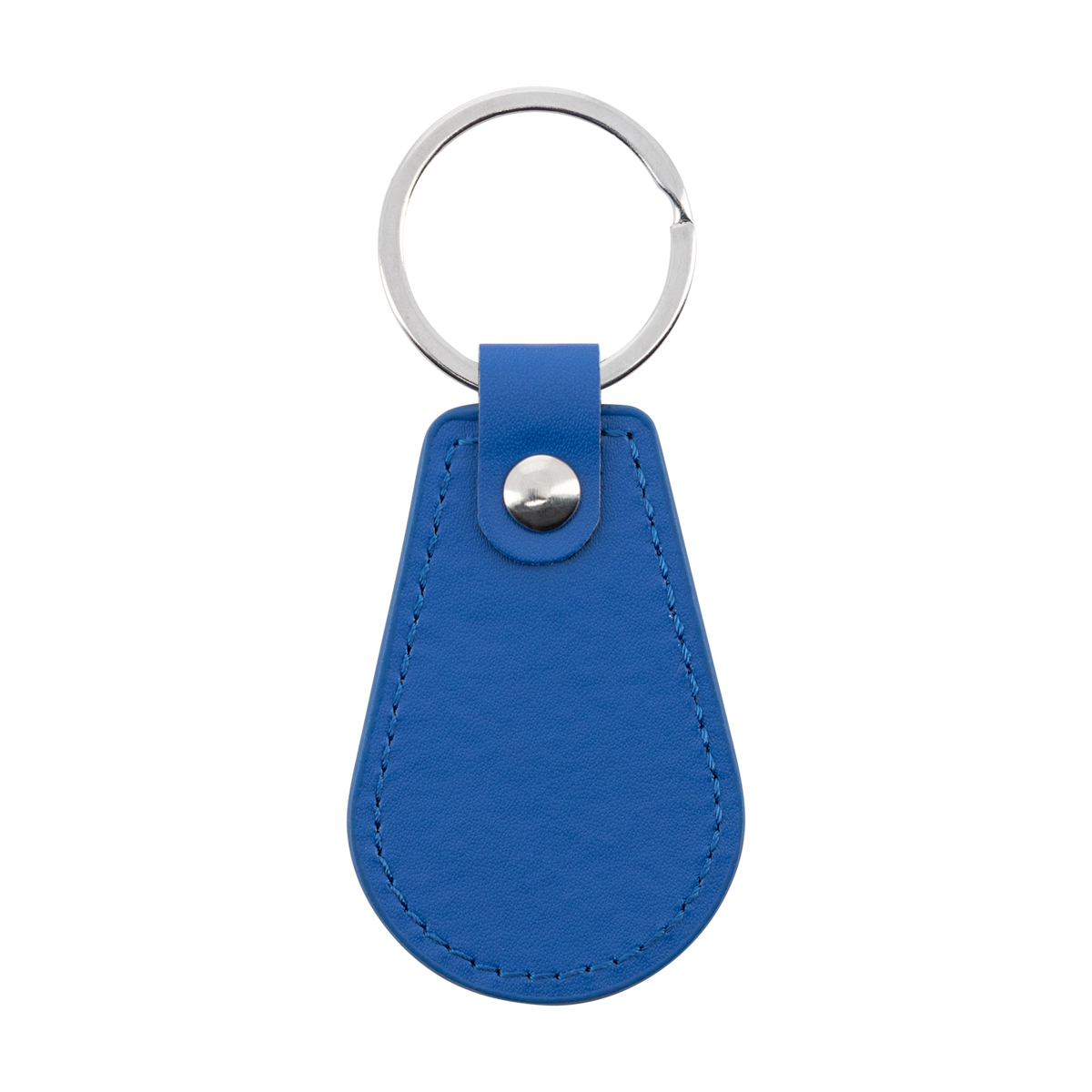 A blue leather keychain tag with a silver metal split ring and a silver snap button, shown on a plain white background.