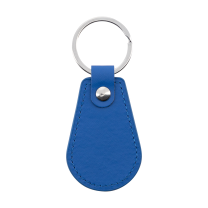 A blue leather keychain tag with a silver metal split ring and a silver snap button, shown on a plain white background.