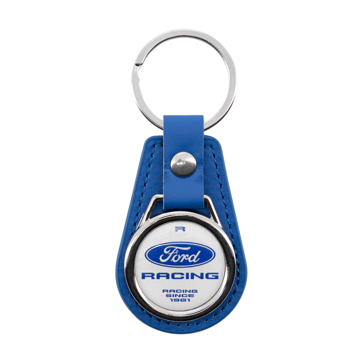 A blue leather keychain featuring a circular silver-tone metal emblem with the Ford Racing logo and text, attached to a silver split ring and blue strap on a white background.