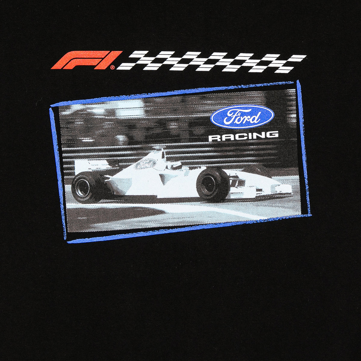 A black graphic print featuring the F1 World Championship logo at the top, a blue-bordered inset photo of a white Ford racing car, and a Ford Racing logo on the right.
