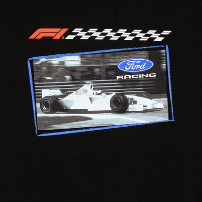 A black graphic print featuring the F1 World Championship logo at the top, a blue-bordered inset photo of a white Ford racing car, and a Ford Racing logo on the right.