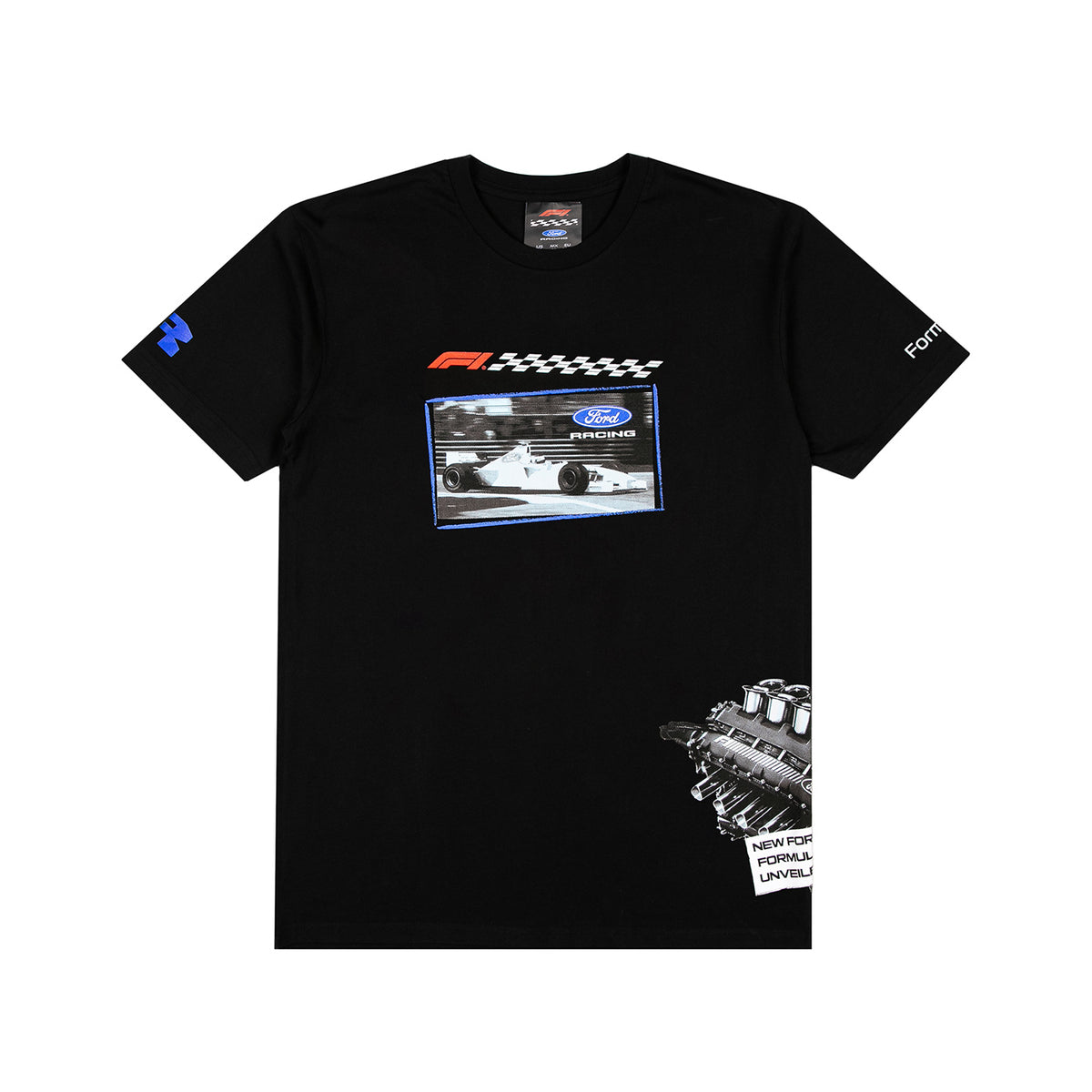 A black short-sleeve t-shirt featuring Formula 1 racing graphics, including a central race car print with a Ford logo, a checkered flag motif, a blue N logo on the right sleeve, and a white engine graphic on the lower left.