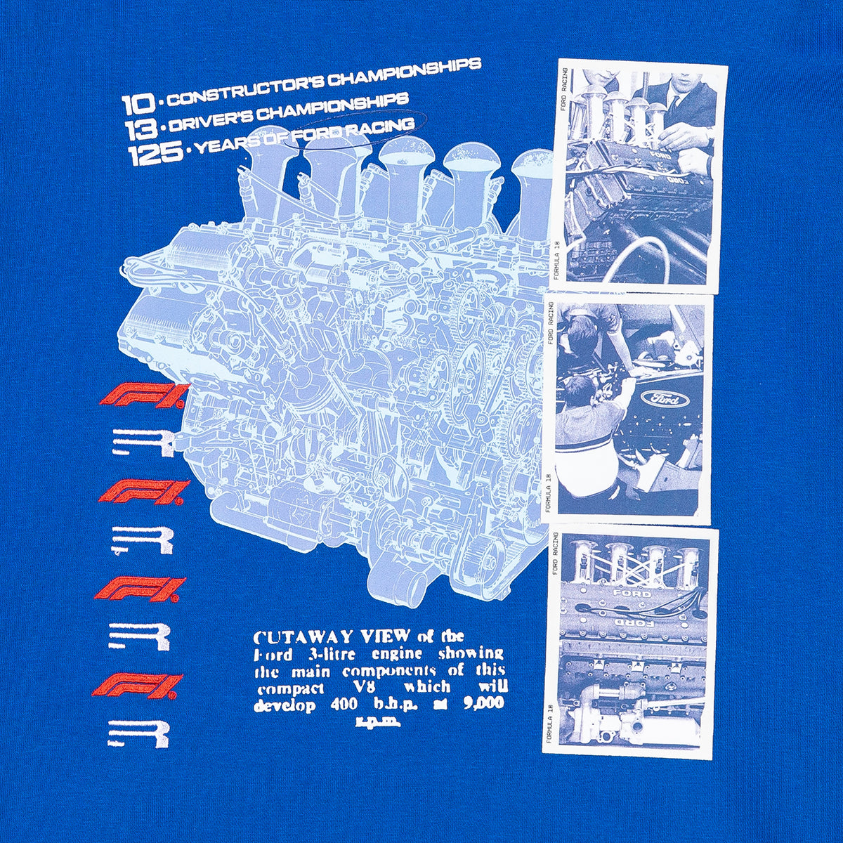 A blue graphic print featuring a large light blue technical illustration of a Ford Sirene engine, with white text, red 'FORD' lettering, and three vertical inset photos showing people working on a race car and the engine.