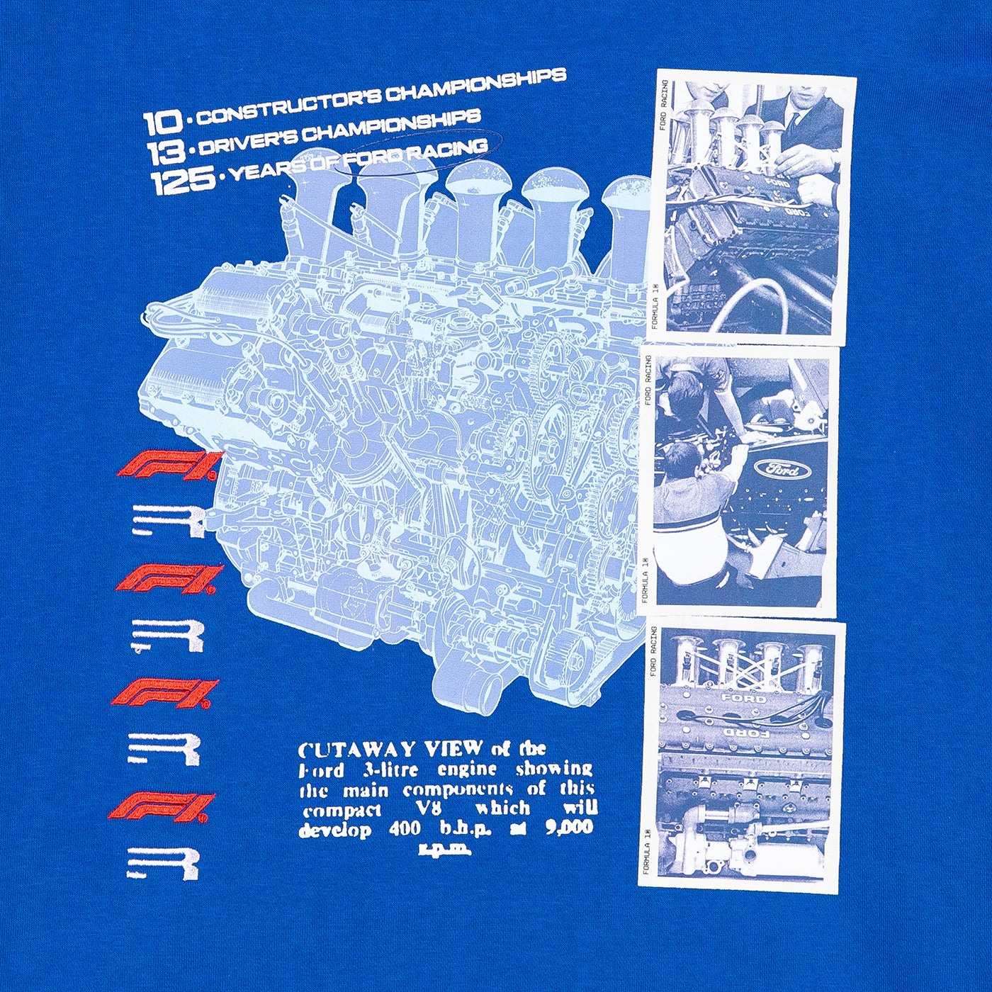 A blue graphic print featuring a large light blue technical illustration of a Ford Sirene engine, with white text, red 'FORD' lettering, and three vertical inset photos showing people working on a race car and the engine.