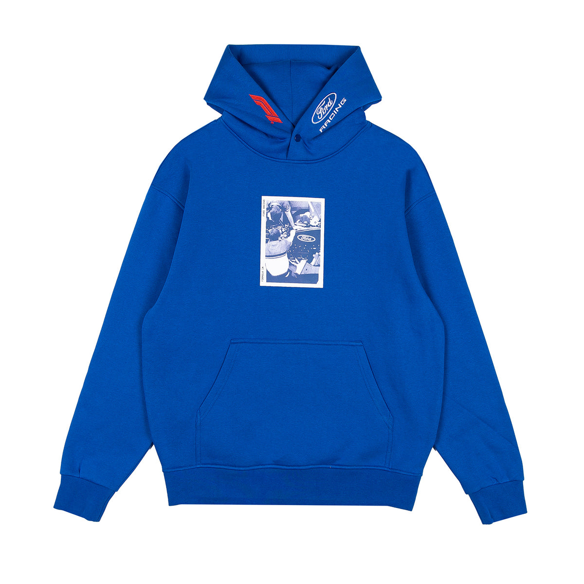 A royal blue pullover hoodie with a front kangaroo pocket and a blue-and-white graphic print on the chest. The hood features a white embroidered Ford logo on the right side and a red accent tab on the left.