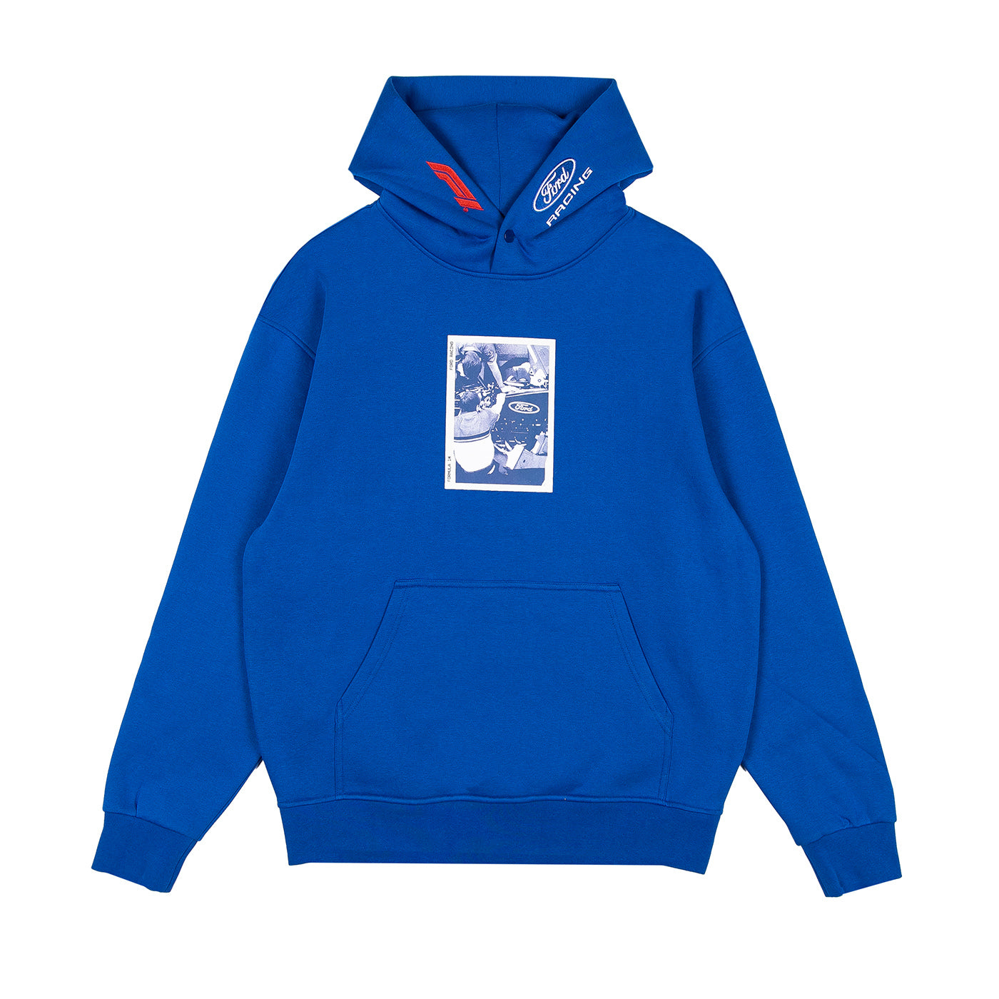 A royal blue pullover hoodie with a front kangaroo pocket and a blue-and-white graphic print on the chest. The hood features a white embroidered Ford logo on the right side and a red accent tab on the left.