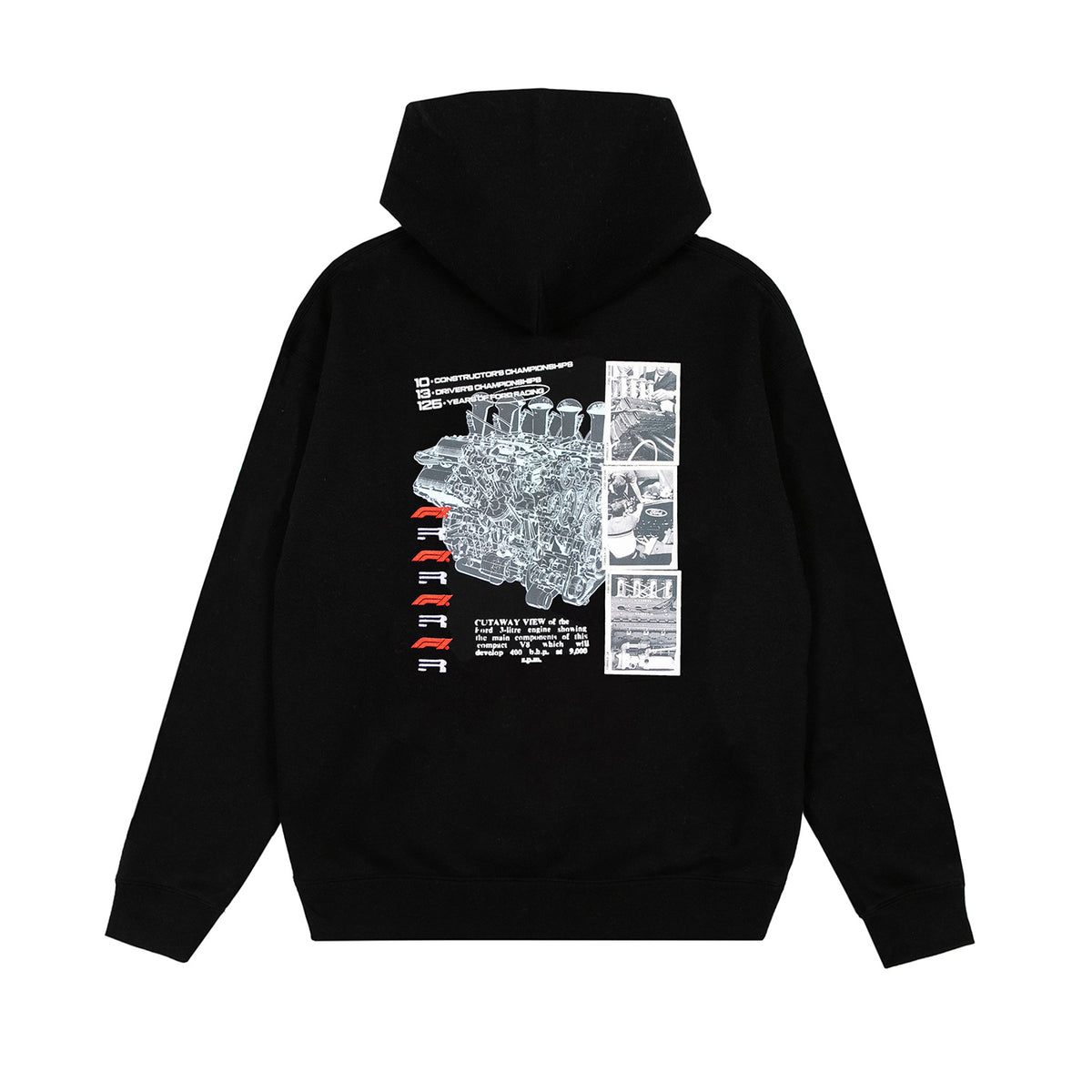 A black pullover hoodie shown from the back, featuring a large white graphic print of a tank battle scene with text and comic-style panels on the back.