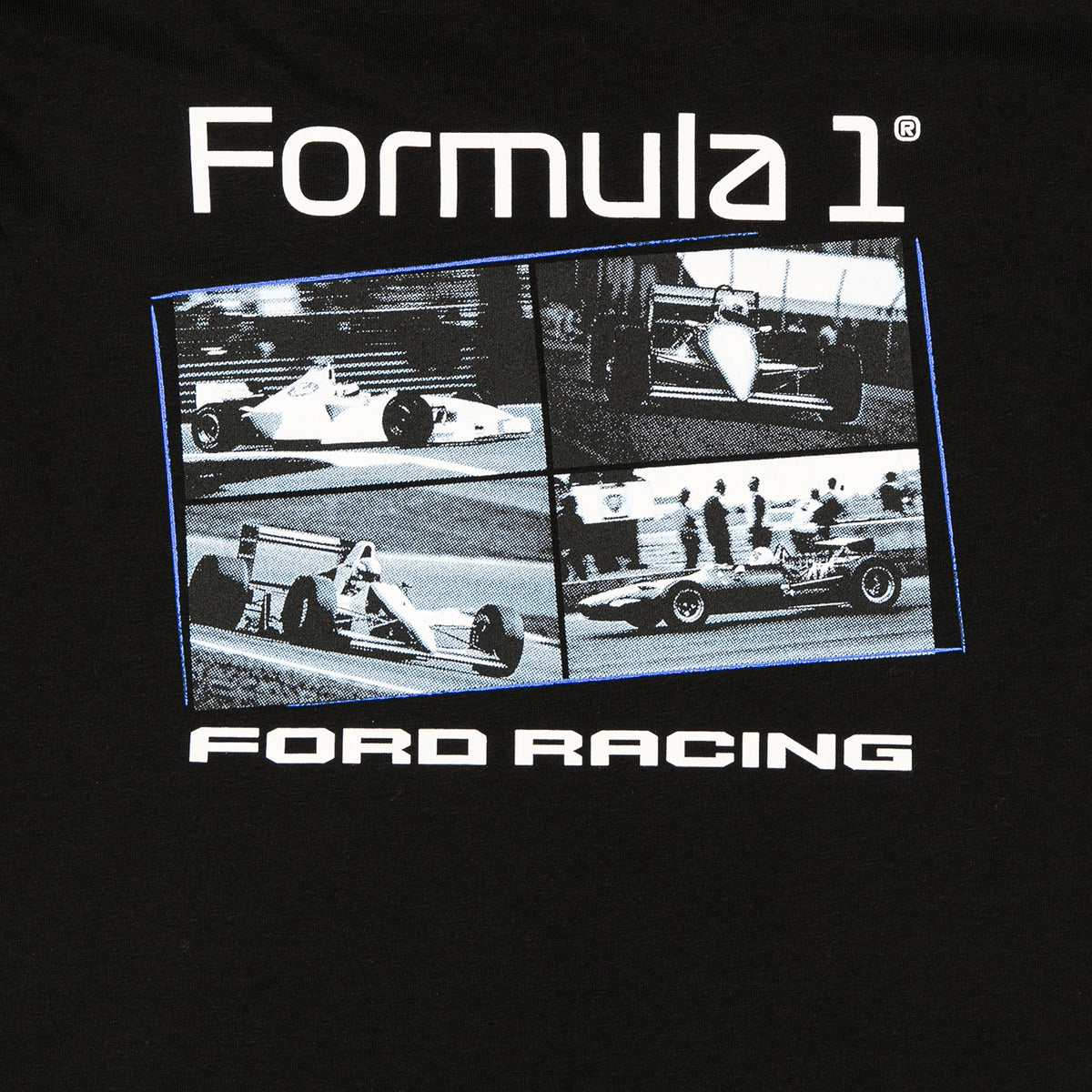 Black t-shirt featuring a graphic print with 'Formula 1' in white text above a four-panel black-and-white collage of racing cars, and 'FORD RACING' printed below.