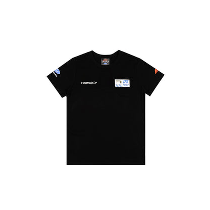 A black short-sleeve t-shirt with 'Formula 1' branding printed on the chest, displayed flat against a solid white background.