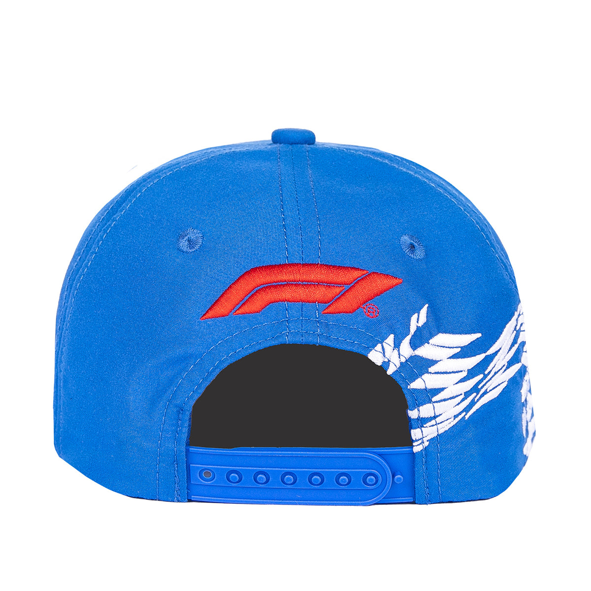 The back of a bright blue baseball cap featuring a red F1 logo on the front and a white wing graphic on the side, set against a plain white background.