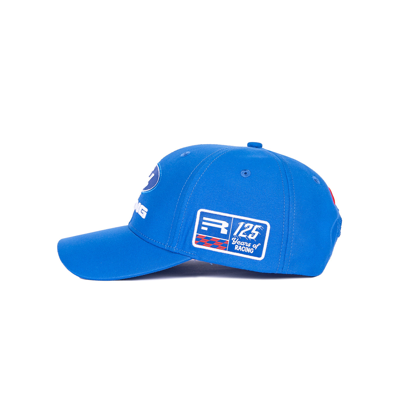 A bright blue baseball cap with embroidered patches, shown from a side profile on a solid white background. The cap features a prominent white and blue '125cc World Racing' patch on the front and a smaller white patch on the side.