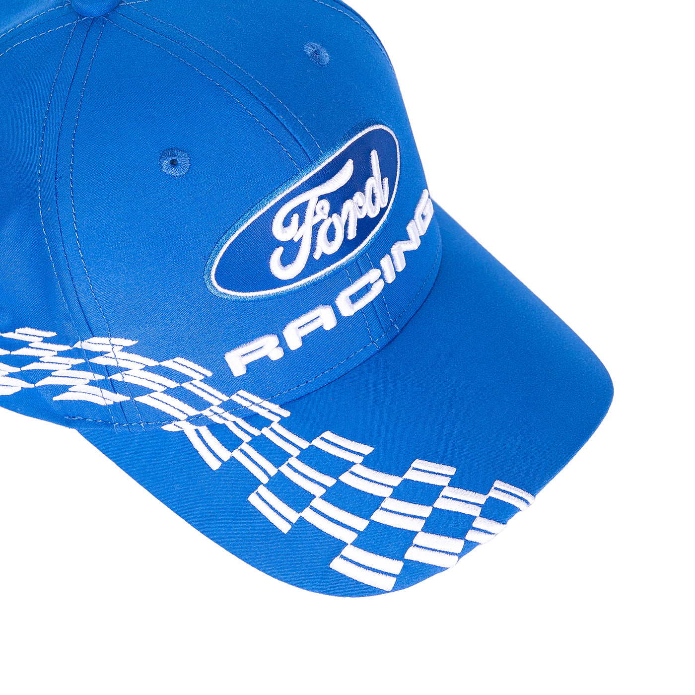 A blue Ford Racing baseball cap with a white embroidered Ford logo and 'RACING' text on the front, plus a white checkered stripe pattern along the brim, shown on a white background.