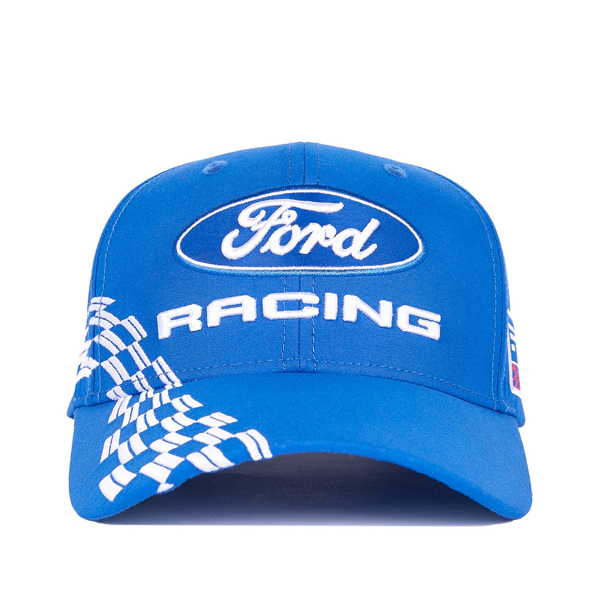 A blue Ford Racing baseball cap with white embroidered logos and a white checkered flag pattern on the brim, shown against a plain white background.