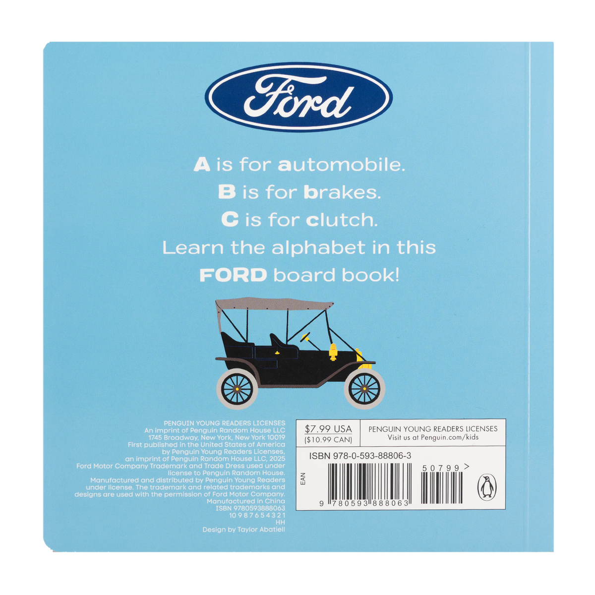 back of a Ford children's book about the alphabet in blue