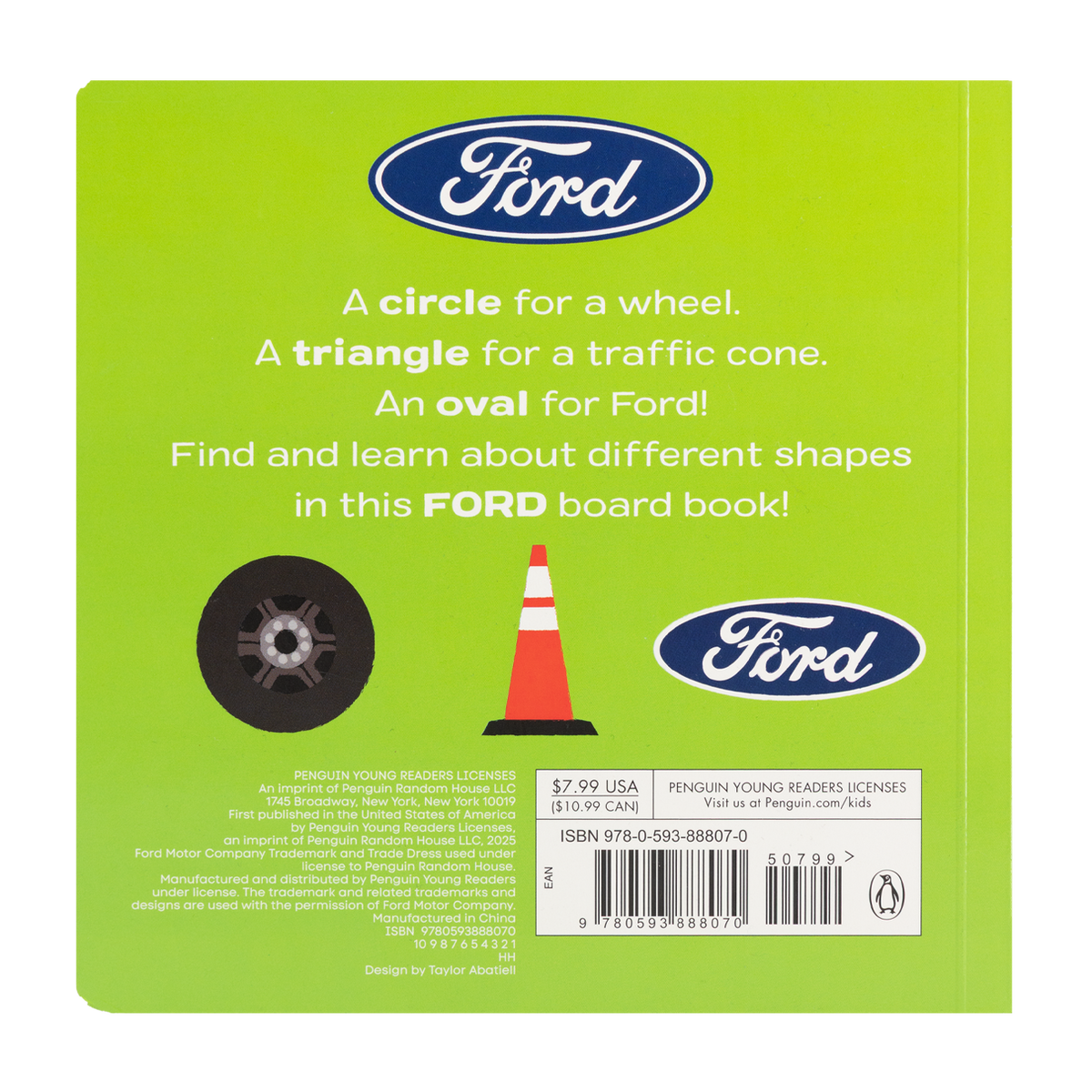 Cover of 'Ford Shapes Book' featuring the Ford logo and illustrations of a wheel, traffic cone, and oval. The background is green and the text is white and red.