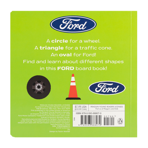 Cover of 'Ford Shapes Book' featuring the Ford logo and illustrations of a wheel, traffic cone, and oval. The background is green and the text is white and red.