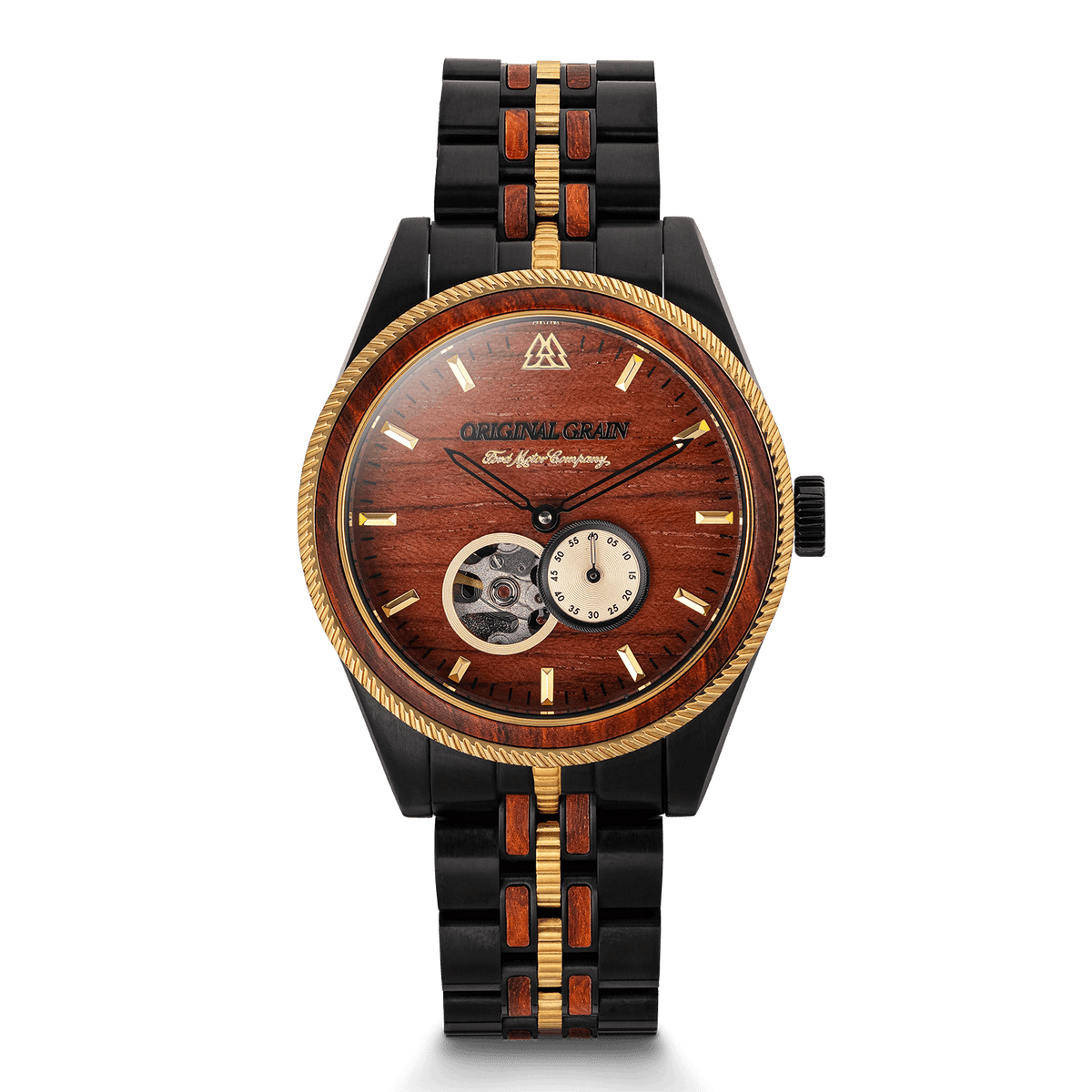 Luxury watch with wooden face and black and gold band on a black background