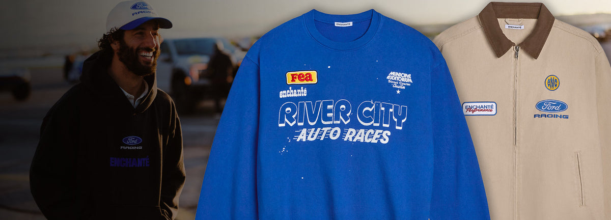 Ford Racing x enchante hero banner with a river city blue crewneck and Ford Racing canvas jacket and man in a Ford Racing hat