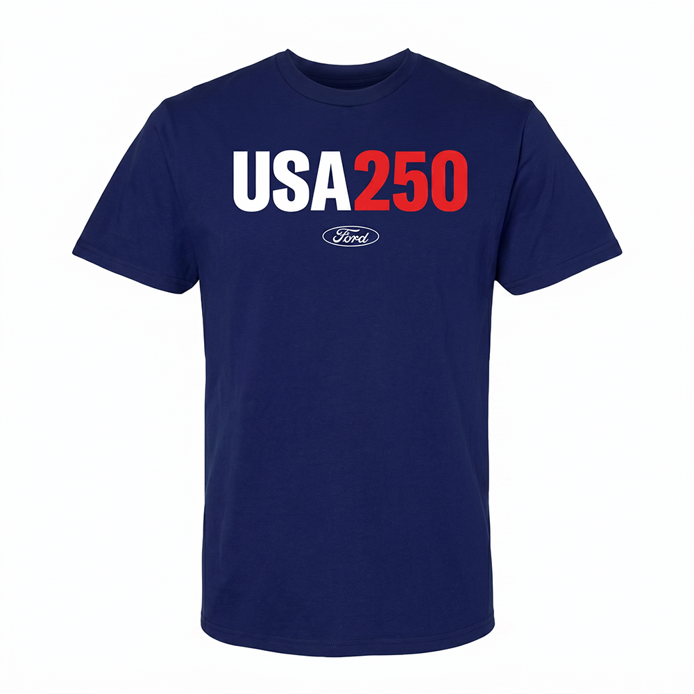 Navy blue t-shirt with 'USA 250' text and Ford logo on a white background