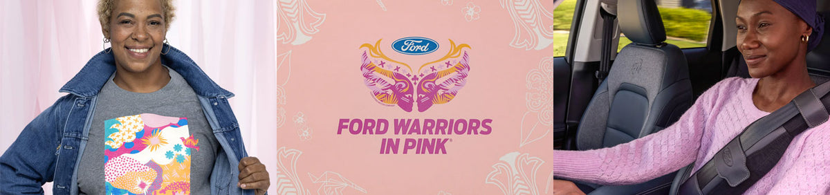 Woman wearing a colorful graphic t-shirt, Ford Warriors in Pink logo, and woman in car wearing seatbelt.