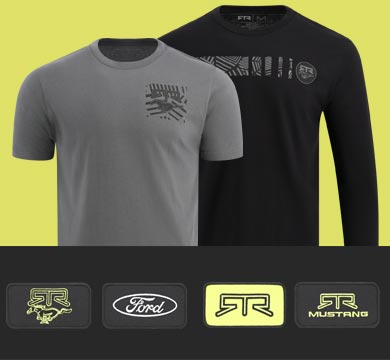 Gray and black t-shirts with logos on a yellow background