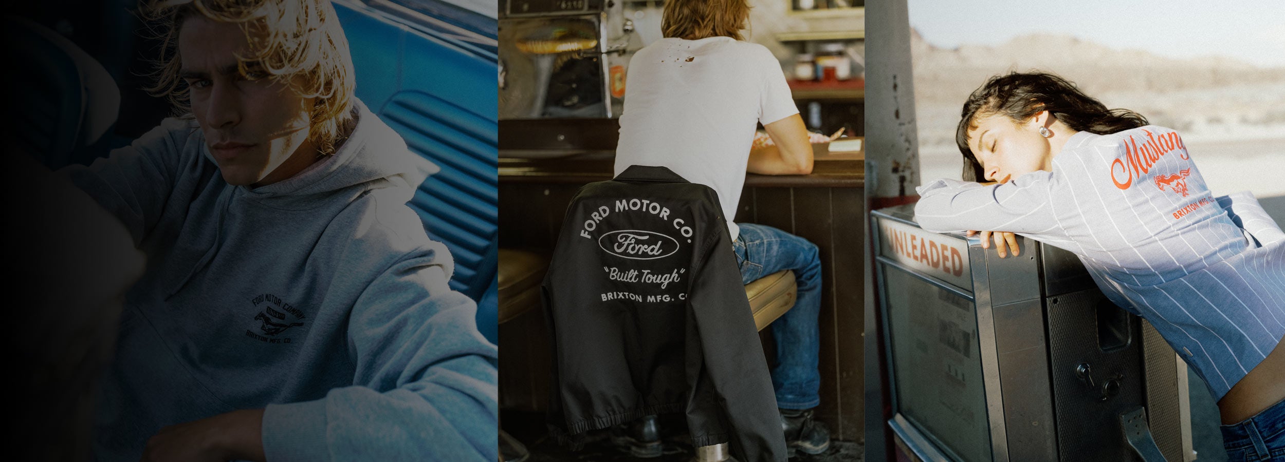 A three-panel collage showing a person wearing a Ford-branded hoodie in different settings: a close-up in a dim interior, seated at a counter with the back of the hoodie visible, and leaning on a vintage car in a desert outdoor scene. The hoodie has a large white Ford logo and text on the back.