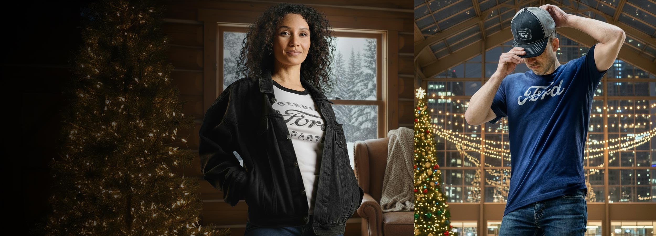 Two people wearing Ford-branded clothing in different settings, one indoors and one outdoors at night.