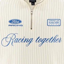 racing together blue text on a cream oracle red bull racing ford racing pullover quarter zip