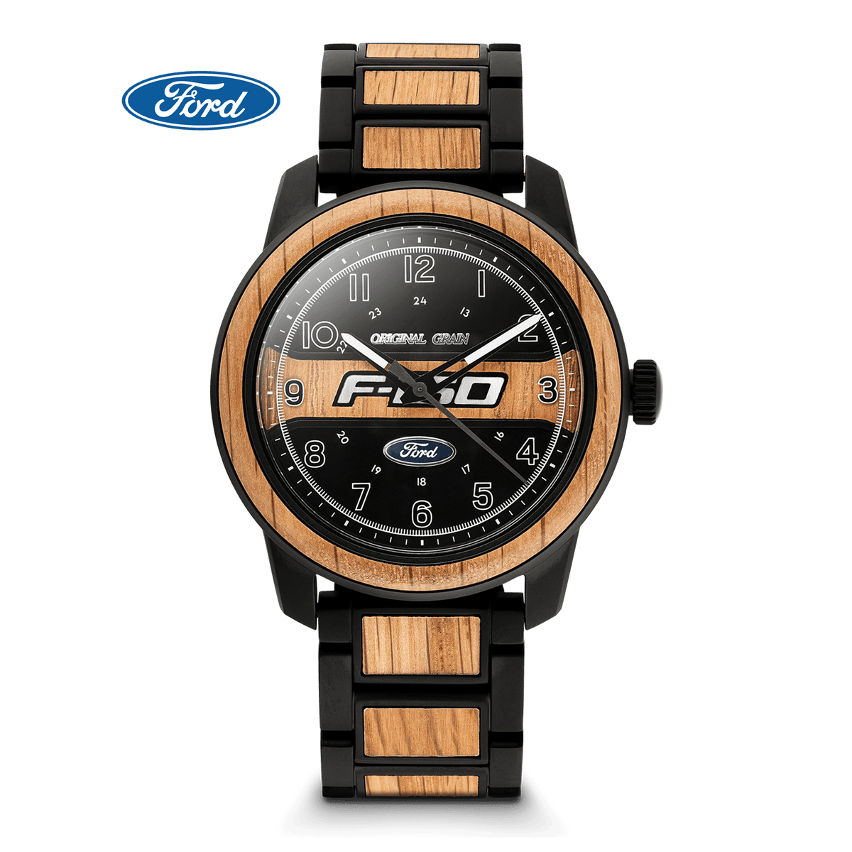 Wooden watch with black strap and visible Ford F-150 logo on a dark background