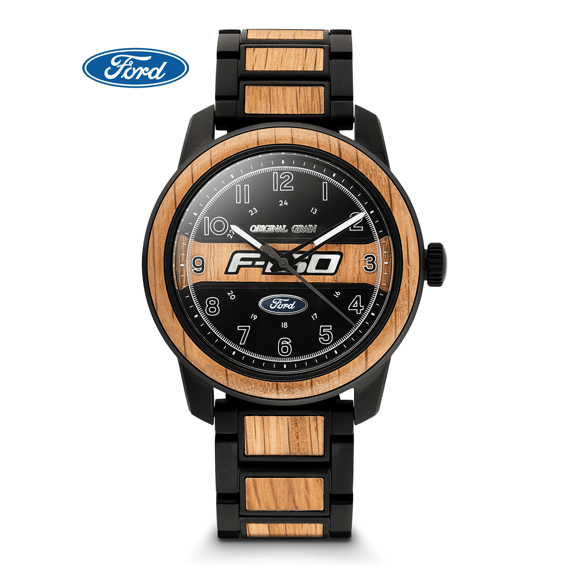 Wooden watch with black strap and visible Ford F-150 logo on a dark background
