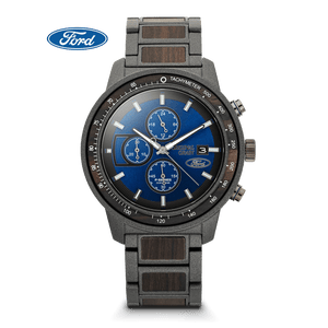 Ford branded watch with a blue face and metallic band on a black background