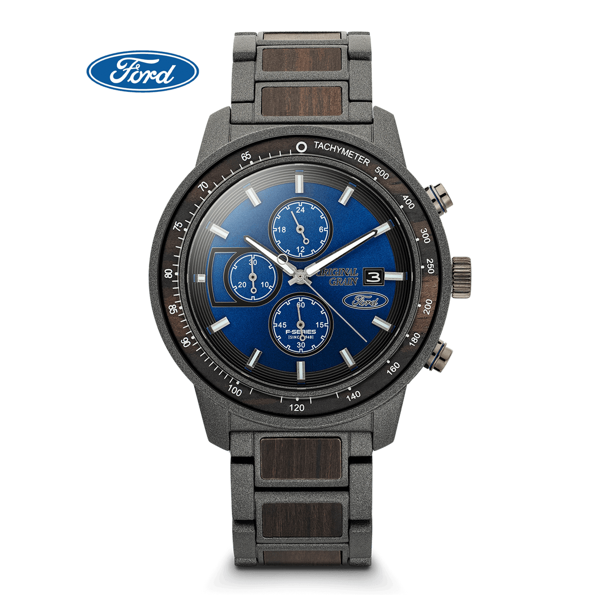 Ford branded watch with a blue face and metallic band on a black background