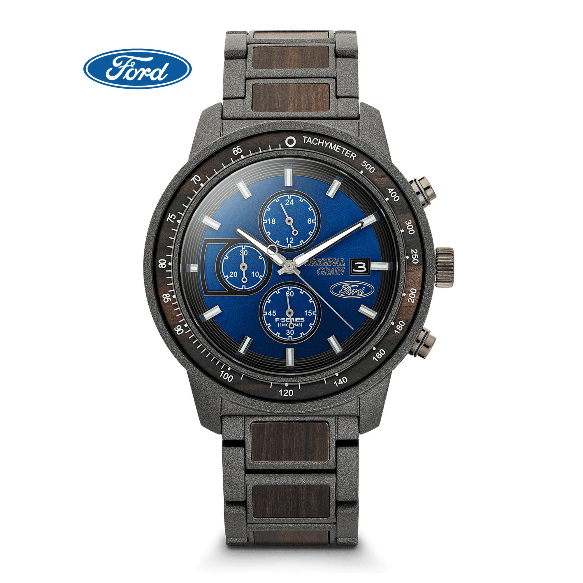Ford branded watch with a blue face and metallic band on a black background