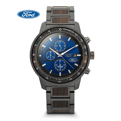 Ford branded watch with a blue face and metallic band on a black background