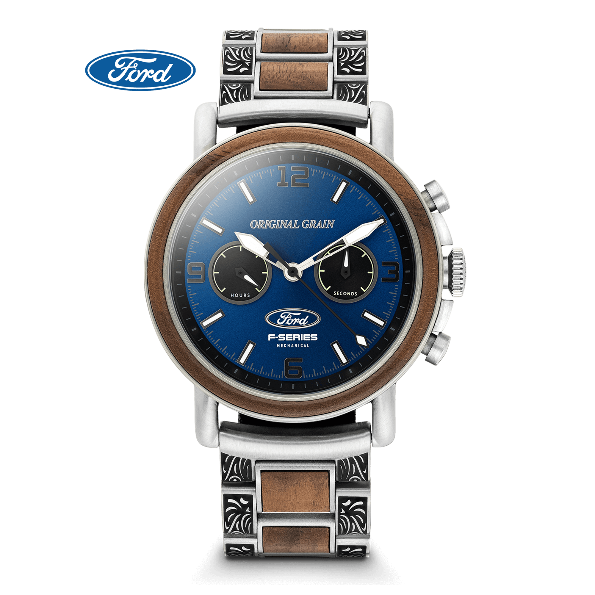 Ford branded watch with blue face and wooden accents on a black background