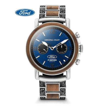 Ford branded watch with blue face and wooden accents on a black background