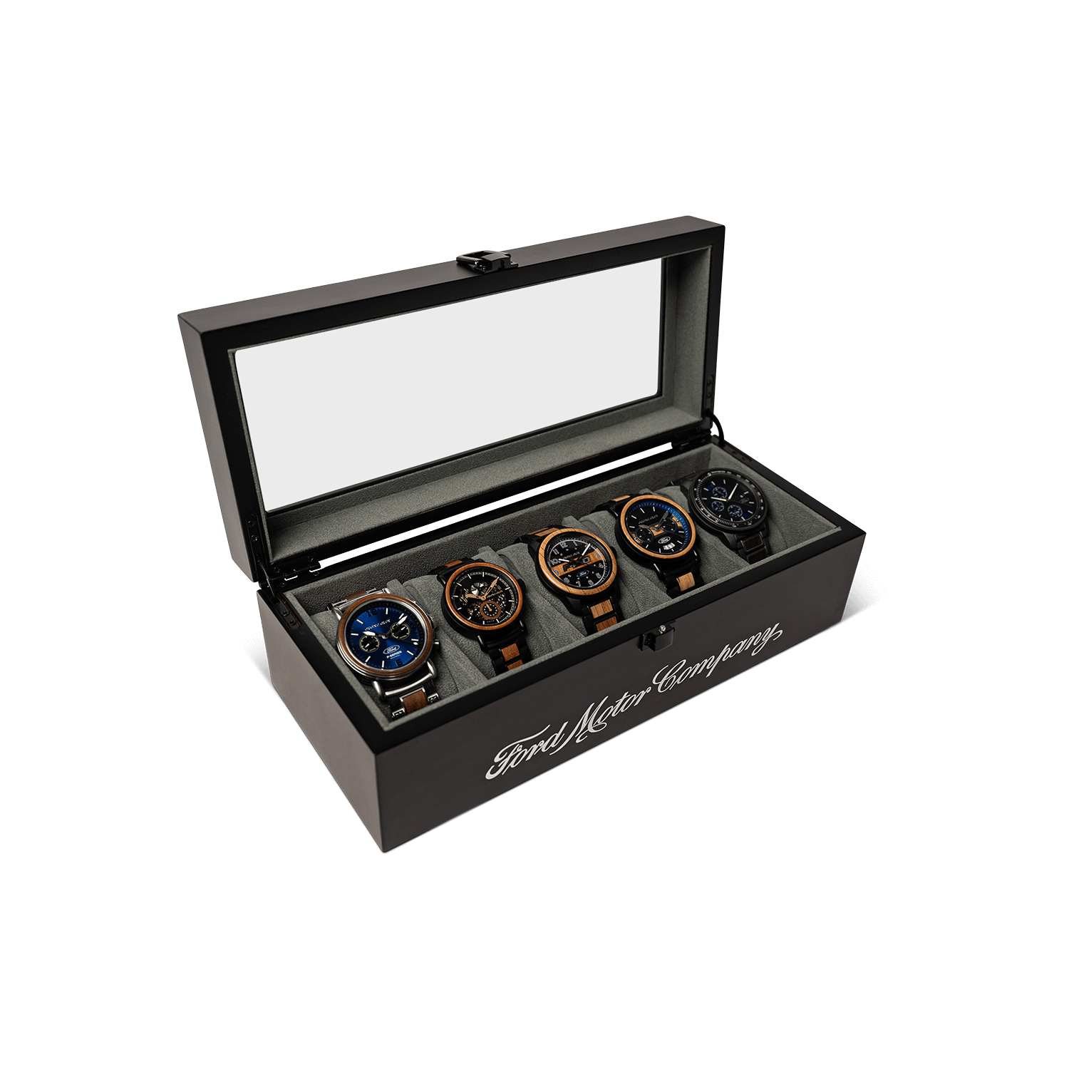 Set of five watches in a branded wooden display box on a black background