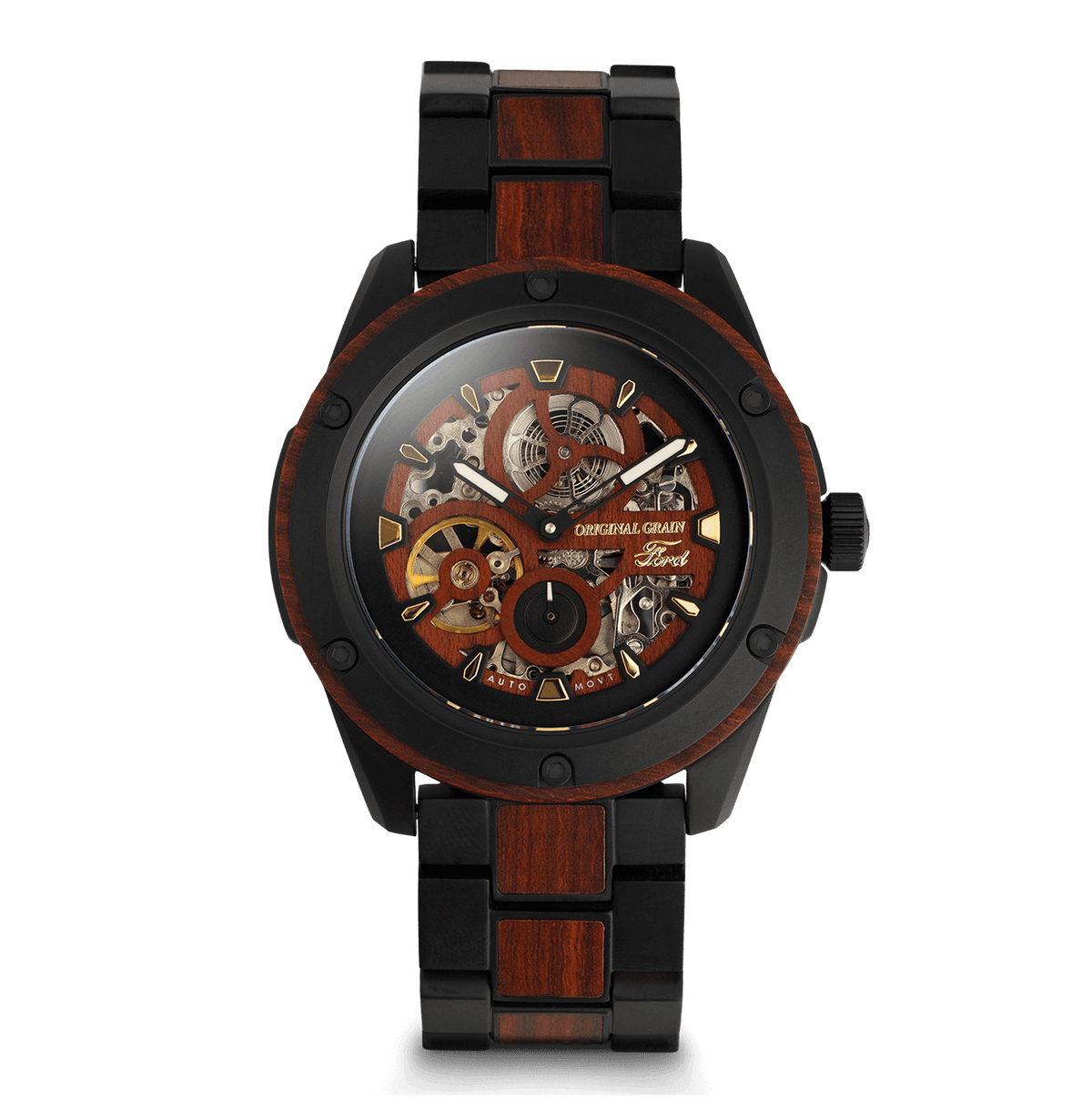 Watch with black and red design on a white background