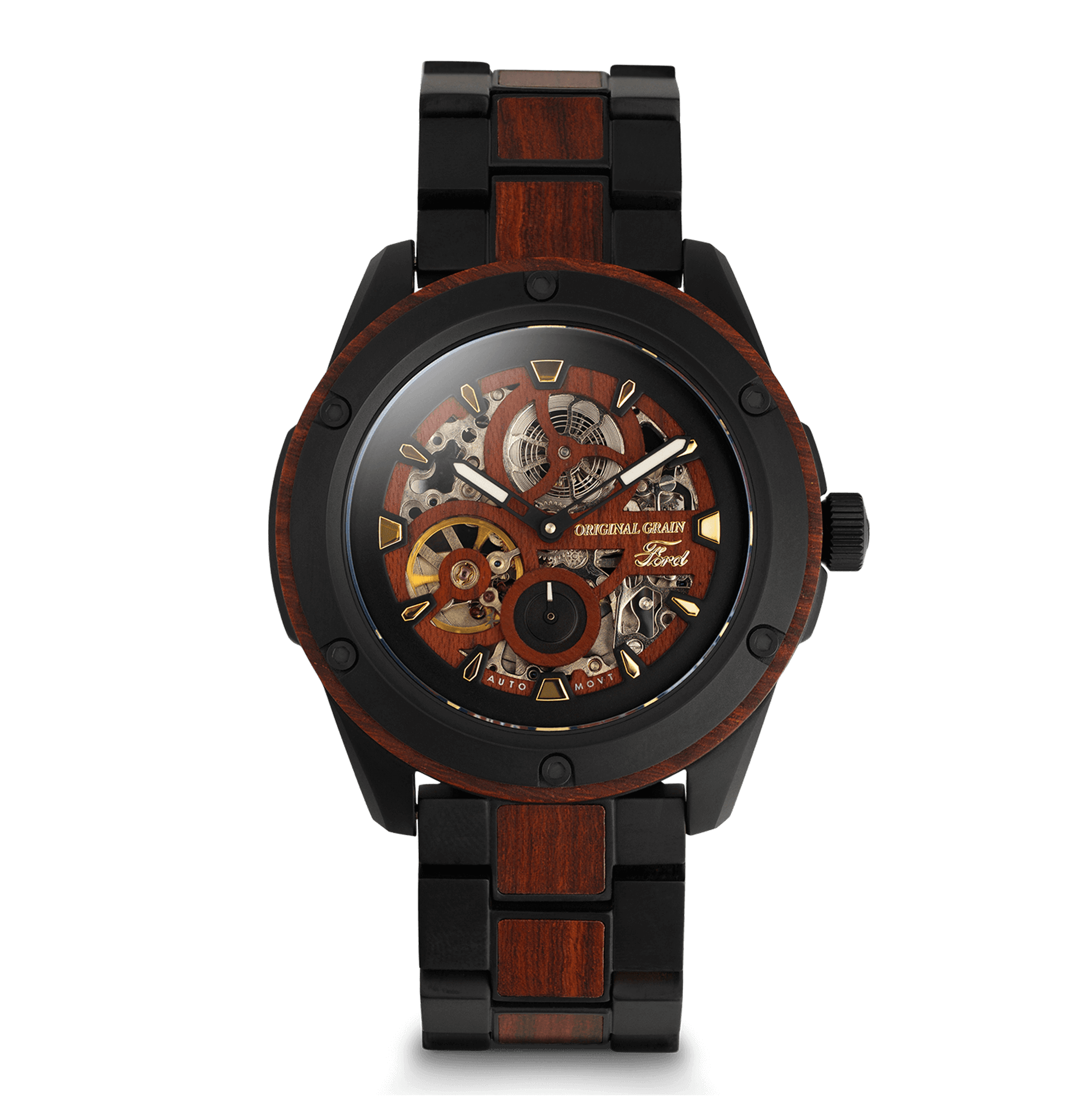 Watch with black and red design on a white background