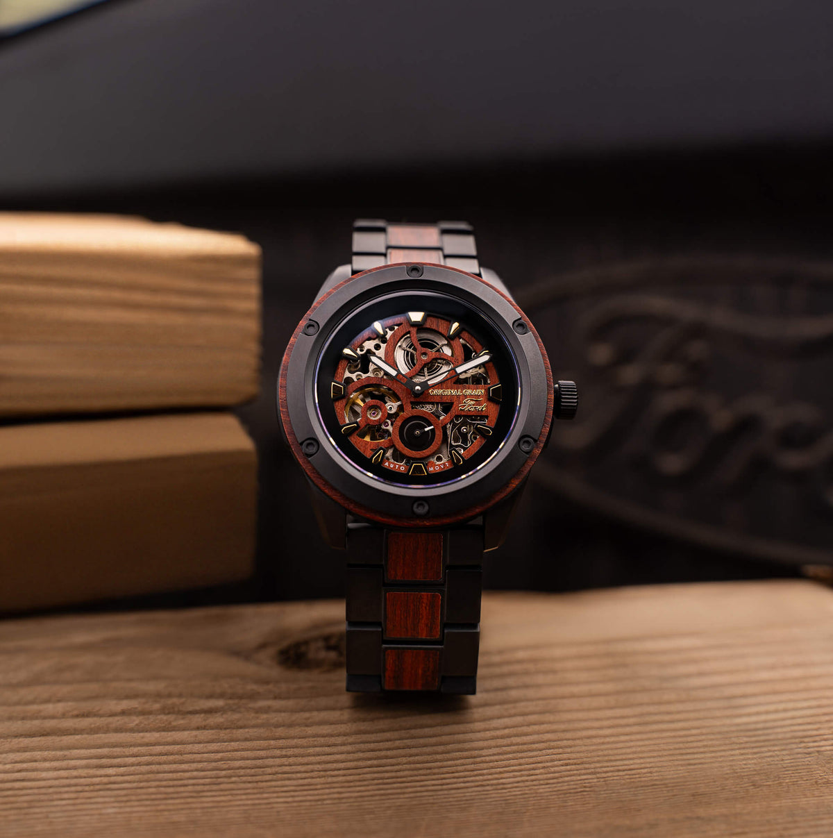 Wooden watch with mechanical components on a wooden surface