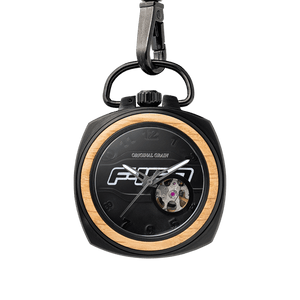 Ford F-150 pocket watch with a black and wood design on a white background