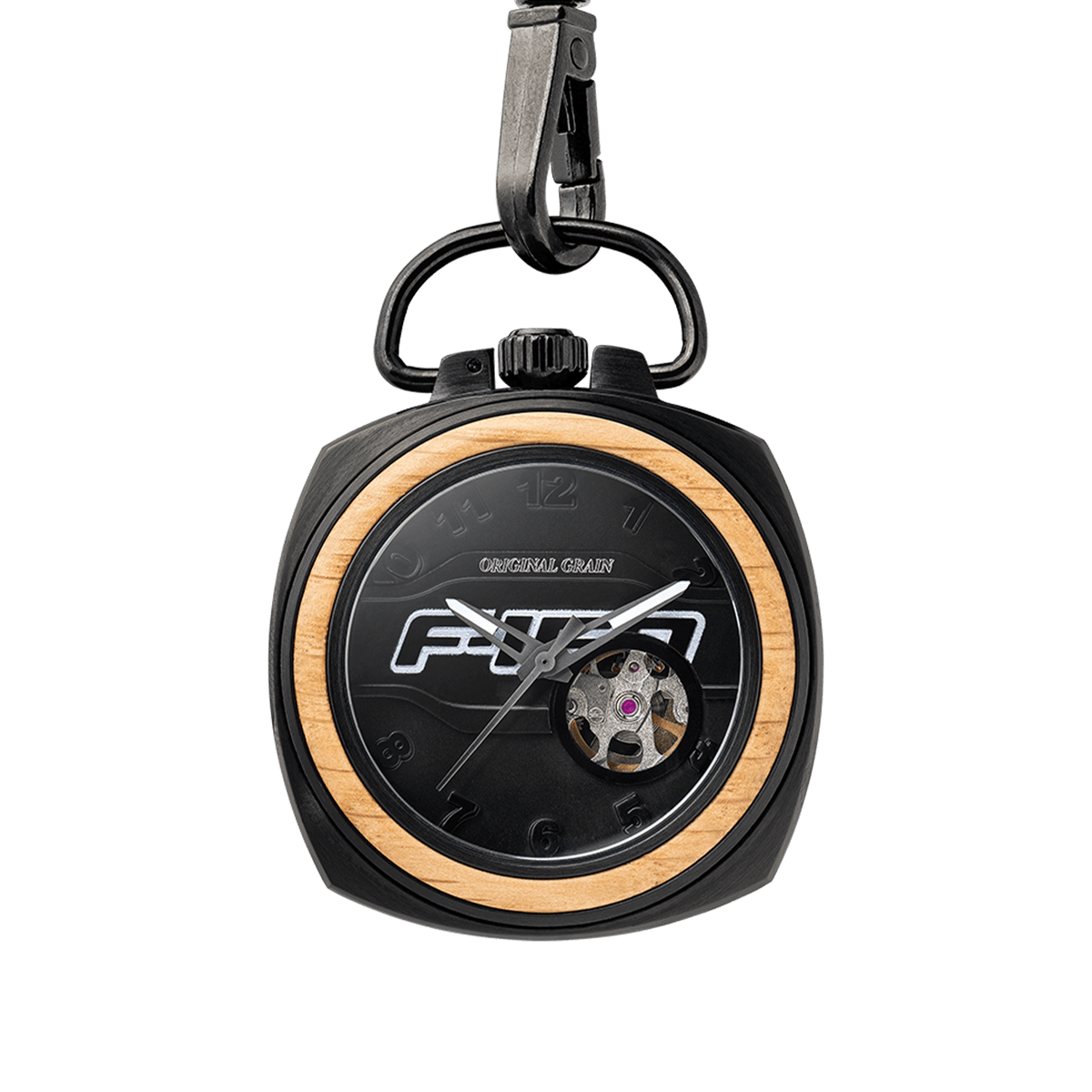Ford F-150 pocket watch with a black and wood design on a white background