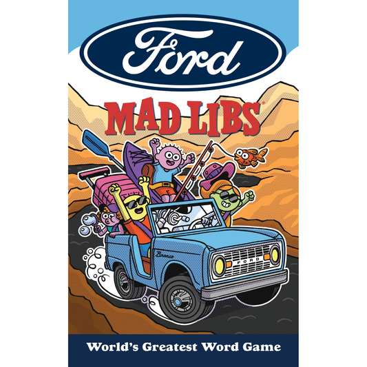 Ford Mad Libs book cover with cartoon characters in a Bronco and Ford logo.