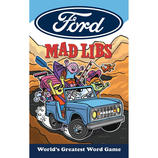 Ford Mad Libs book cover with cartoon characters in a Bronco and Ford logo.